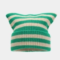 Détail du tricot à rayures vert et beige sur le bonnet avec des oreilles de chat mignon - M (56-58cm) / Rayures Vertes et Beige