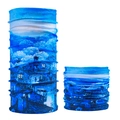 Seamless magic headwear for cycling in blue landscape print, shown folded and unfolded - Blue Landscape
