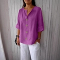 T-shirt da donna in cotone e lino viola con scollo a V, bottoni e vestibilità ampia - Fibbia A 4 Bottoni Viola-rosso 8033# / 3XL