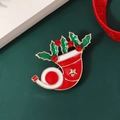 Miniature Christmas stocking and horn enamel brooch with red glaze and green holly leaves - Style 12