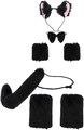 Detailed view of 6-piece black plush cat costume set with ears, paws, bowtie, and long tail - Black Cat 6pcs Set (Headband+Bowtie+Hands+Feet+Tail)