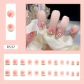 Gedetailleerde set roze verloop kunstnagels met bloemenpatroon en groene randen - Fris Klein Bloemetje Stijl (R537)