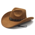 Cappello da cowboy western marrone con cinturino in pelle intrecciata e laccio antivento - M (56-58cm) / Cachi