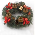 Christmas wreath with red bows, gold pine cones, and four candle holders on white background - 30cm Red Wreath