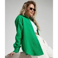 Bright green long-sleeved cotton crepe shirt with loose fit and textured fabric - S / Dark Green