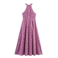 Elegant sleeveless halter neck maxi dress with floral textured fabric in dusty rose pink - XS / Fuschia