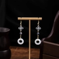 Vintage Chinese style long tassel earrings with jade-like ring and navy beads - Chinese Knot Blue Bead Peace Buckle Style (E1942-22)