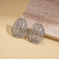 Detailed macro view of silver geometric hollow earrings with vertical crystal stones - Silver (Silver Pin) / Silver
