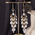 Bohemian gold long tassel drop earrings with creamy white beads on display stand - S4286 White Acrylic Water Drop Earrings