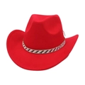 Detail of red western cowboy hat featuring black and white diagonal striped hat band decor - One Size / Red (Black & White Stripe)
