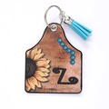 Western leather keychain with sunflower design, letter Z and sky blue tassel pendant - Letter Z