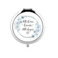 Silver portable makeup mirror with blue floral print and romantic quote on top cover - All Of Me Loves You
