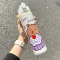 White Capybara cartoon water bottle with carrying strap and pop-up lid for students - White-Cherry Cake