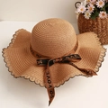 Women's wide brim straw sun hat with wave edge and lettered ribbon for summer beach - Straw Hat (56-58cm) / Khaki