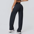 Detail view of high waist wide waistband on elastic black straight yoga pants - S / Black
