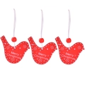 Set of three red wooden bird Christmas ornaments with Merry Christmas typography and strings - Red Bird * 3