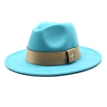 Flat brim wool fedora hat in turquoise blue featuring a khaki band and gold bee pin - Lake Blue