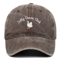 Detailed view of Silly Goose Club embroidery on vintage washed cotton baseball cap - Coffee