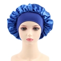 Detailed view of blue satin bonnet with wide elastic band on a mannequin head - One Size / Royal Blue