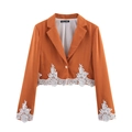 Elegant orange short blazer with lace patchwork trim and a gold button for women - S / Orange Red