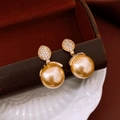 Macro shot of 18k gold plated pearl earrings with sparkling zircon inlay details - Gold Pearl (S925 Silver Needle)