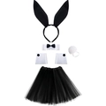Black bunny costume set with satin ears, mesh tutu, bowtie collar, cuffs and fluffy tail - Black 5-Piece Set