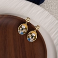 French retro floral enamel square pearl earrings in a golden vintage oil painting style - Purple Floral Enamel Pearl (E5724-3)