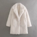 Women's cream faux fur coat with lapel collar and long sleeves in a plush finish - S / White