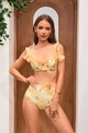 Costume da bagno due pezzi floreale con applicazioni di fiori 3D gialli e vita alta - M / Costume da bagno a due pezzi a fiori gialli