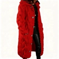 Women's long red hooded cable knit cardigan sweater with large grey buttons - 3XL / Tops / Red