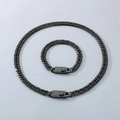 Men's black titanium steel Cuban link chain set with necklace and bracelet - 9mm Wide Type C Buckle / Bracelet 21cm / Black