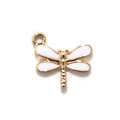Golden dragonfly charm with white enamel wings and glitter details for jewelry - White Gold Plated