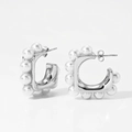 Silver 316 stainless steel C-shaped earrings with white shell pearl inlay - Silver Style with Pearls (PDE2533)