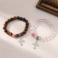 Brown tiger eye and pink crystal beaded couple bracelets with silver cross charms - Tiger Eye & Pink Quartz Style - Cross Pendant