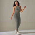 Close-up of seamless racerback sports bra and high-waisted leggings in sage green - S / Top And Bottom / Tank + Long Pants / Dark Gray