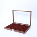 Walnut finish jewelry display box with burgundy velvet slots and transparent lid - Ring Slot Holder / Walnut With Coffee Interior