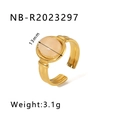 Detail view of gold stainless steel ring with 13mm translucent pink natural stone inlay - Adjustable Open / Flesh Pink Cabochon Style (NB-R2023297)