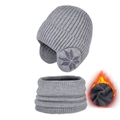 Winter thermal set featuring grey fleece-lined knit hat with earflaps and matching scarf - Light Gray
