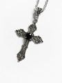 Close-up of vintage silver cross necklace with black gemstone and embossed details - Vintage Distressed Cross - Black Gemstone(AQ-1631)
