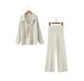Women's two-piece knit set featuring a lapel tie top and wide-leg pants in oatmeal beige - One Size / White