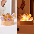 Natural purple and yellow crystal cluster night light with round wooden base and power cable - Amethyst+Citrine Cluster-Warm Light