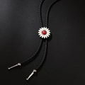 Western bolo tie with white sunflower daisy slider and red bead on braided black cord - Ruby Flower Necklace