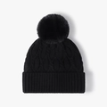 Berretto da donna in maglia a trecce nera con un pompon in finta pelliccia abbinato - Regolabile / Nero(24B033)