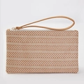Detail of hand-woven straw clutch with brown geometric pattern and faux leather wristlet - Brown Stripe