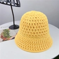 Detail of a bright yellow hollow weave sun hat with breathable knit pattern and texture - M (56-58cm) Adjustable / Yellow