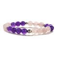 Elastic beaded bracelet with natural amethyst and rose quartz stones on white background - Silver Spacer Beads / Amethyst+Rose Quartz