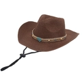 Brown western cowboy straw hat with ethnic turquoise band and adjustable chin strap - Crushed Stone Decor Style / Coffee