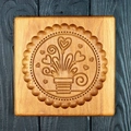 Beech wood rectangular cookie mold featuring a carved heart flower pot and wavy edges - Plant Pot