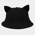 Detailed close-up of cute devil ears and fine stitching on a black cotton bucket hat - M (56-58cm) / Black