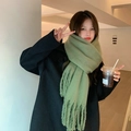Soft thick knit cashmere-feel scarf in pale green with fringe and fluffy texture - Orange Green